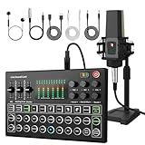 RHM Podcast Equipment Bundle, All-in-One Audio Interface DJ Mixer with Microphone, Stand, Monitor Earphone, Audio Mixer With Sound card for PC/Laptop/Phone, Streaming/Podcasting/Gaming