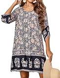 HOTOUCH Women's Vintage Ethnic Style Printed Tassel Tie Neck Loose Fit Bohemian Tunic Dress Black M