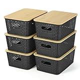 Plastic Storage Baskets With Bamboo Lid - Plastic Storage Containers Stackable Storage bins: Storage Baskets for Organizing Shelves Drawers Desktop Closet Playroom Classroom Office, 6 Pack