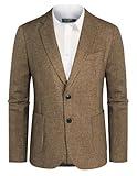 Mens Herringbone Tweed Blazer Casual Button Wool Blend Sport Coat Jacket Khaki Plaid