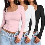 AUTOMET 3 Pack Womens Long Sleeve Shirts Fall Fashion Crop Tops Basic Layer Slim Fit Y2K Clothes 2024 Black White Pink S