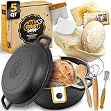 Crustlove Cast Iron Dutch Oven for Bread Baking - incl. Sourdough Bread Baking Supplies like Banneton Bread Proofing Basket - 5QT Cast Iron Bread Oven with Lid Bread Banking Pan Pot Scoring Tool Lame