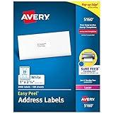 Avery Easy Peel Printable Address Labels with Sure Feed, 1" x 2-5/8", White, 3,000 Blank Mailing Labels (05160)