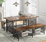 DWVO 3-Piece Dining Table Set for 4-6 People, 63" Dining Room Table with 2 Benches, Industrial Rectangular Dining Room Table Set with Storage for Kitchen, Dining Room, Rustic Brown