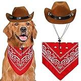 GOYOSWA Dog Halloween Costumes, Dog Cowboy Costume Halloween Dog Cowboy Hat Halloween Dog Bandana Scarf Funny Dog Halloween Costumes for Small Medium Large Dogs Pets (Brown Hat & Red Bandana, Large)