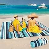 ZAZE Picnic Blankets Beach Blanket, 80''x80'' Extra Large Thick 3-Layers, Sandproof Machine Washable Waterproof Foldable Oversized XL Outdoor Mat, for Camping, Park, Travel, Grass(Blue White Stripe)