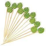 PuTwo Picks 100 Counts 4.7" Bamboo Wooden Decorative Sticks for Appetizers Fancy Cocktail Party-Green Leaf Toothpicks, Palm Leaves