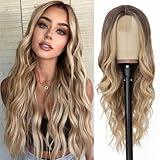 NAYOO Long Ombre Blonde Wavy Wig for Women 26 Inch Middle Part Curly Wavy Wig Natural Looking Synthetic Heat Resistant Fiber Wig for Daily Party Use (Ombre Blonde)