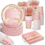 175PCS Pink Rose Gold Plates Napkins Party Supplies, Severs 25 Disposable Party Pink Plates, Plastic Forks Knives Spoons, Golden Dot Paper Plates, Napkins Cups for Baby Shower Decorations Pink Party