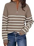 LILLUSORY Women's Quarter Zip Striped Oversized Sweater Mock Turtleneck Pullover Fall Fashion Outfit Winter Trendy Clothes Nutmeg White M