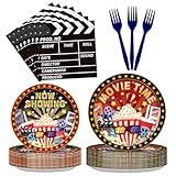 96 PCS Movie Night Supplies Tableware for 24 Guests, Disposable Now Showing Plates and Napkins Set Hollywood Theme Party Decorations for Movie Birthday Party Outdoor Movie Night for 24 Guests