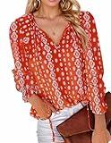 Cnlinkco Boho Shirts for Women Plus Size Womens Western Tops Floral Printed Boho Shirts Long Sleeve Drawstring V Neck Blouses for Womens Dressy Casual Red XXL