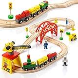 KipiPol Wooden Train Sets for Boys 2-4-7 – 38 Pcs Wood Train Set for Toddlers w/Crane, Bridge & Wooden Train Tracks – Train Toys for 3 Year Old Boys & Girls – Fits Thomas Brio IKEA Melissa and Doug