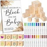 Tatuo 75 Pcs Baby Shower Decorate a Block Games Kit Including Decorate a Block Game Sign 50 DIY Wooden Block 24 Acrylic Paint Marker Baby Shower Prize for Game Gender Reveal(Boho,Classic Color)