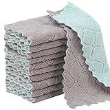 11Pack Kitchen Dish Cloths, Reusable Dish Towels, Nonstick Oil Washable Fast Drying, Super Absorbent Coral Velvet Cleaning Cloths for Mom from Daughter Son(Green-grey10 x 6")