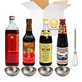 Chinese Cooking Sauces Essentials TFC101 - Key Flavors of Authentic Chinese Cuisine, Soy Sauce Black Vinegar Oyster Sauce Shaoxing Cooking Wine, 4 TwinFortune Stainless Steel Sauce Trays, 1 Whisk