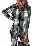 EVALESS Jackets for Women Trendy Plaid V Neck Long Sleeve Button Down Jacket Lightweight Coat Outwear Green Large