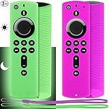 Pinowu Remote Protective Cover (2Pack) Compatible with Fire TV Stick 4K 5.6” Alexa Voice Remote (2nd Gen), Anti-Slip Shockproof Silicone Cover (Green Glow& Purple Not Glow)