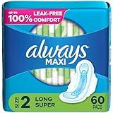 Always Maxi Feminine Pads For Women, Size 2 Long Super Absorbency, With Wings, Unscented, 60 Count