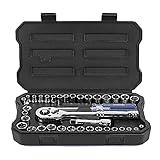 WORKPRO 39-Piece Drive Socket Set 1/4''3/8'', CR-V Metric and Imperial Sockets with Quick-Release Ratchet Wrench, Compact Sockets Set for Car Repair