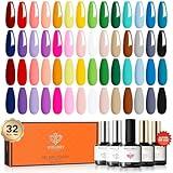 modelones 32 PCS Gel Nail Polish Set, 28 Colors Rainbow Gel Polish with No Wipe Base Coat, Glitter & Glossy & Matte Top Coat Red Yellow Green Blue Soak Off LED Nail Art Kit Salon at Home