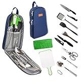 Life 2 Go 10 Pcs Camp Cooking Utensil Set & Outdoor Kitchen Gear Cookware Kit, Portable Compact Carry Case for Camping, Hiking, Travel, BBQ Grilling Stainless Steel Accessories Spoon & Fork, Navy