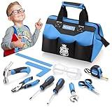 REXBETI 10-Piece Kids Tool Set with Real Hand Tools, Blue Durable Storage Bag, Children Learning Tool Kit for Home DIY and Woodworking