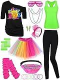 AOTHSO 24 Pieces Halloween Women 80s Costume Accessories Set 80s Cosplay T-shirt Tutu Pants Racerback Top Fanny Pack Gloves Leg Warmer for Party