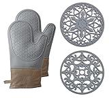 Domonic Home Oven Mitts and Pot Holders Sets, Silicone Oven Mitts Heat Resistant 600F, Oven Mitt Set Soft Lining Good Grip, Oven Gloves and Trivet Mats 4 Piece Set,Grey