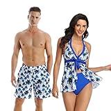 Ulikeey Couples Matching Swimsuit Blue Coconut Trees/Black Leopards Tankini Set & Swim Trunks His and Her Swimwear