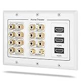 Fosmon 3 Gang Wall Plate, (3-Gang 7.2 Surround Sound Distribution) Home Theater Copper Banana Binding Post Coupler Type Wall Plated for 7 Speakers, 2 RCA Jacks for Subwoofers & 3 HDMI Ports