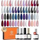 Modelones 32 PCS Gel Nail Polish Set, 28 Colors Gel Polish with No Wipe Base Coat, Glossy & Matte Top Coat and Nail Primer Nude White Purple Blue Glitter Soak Off LED Nail Art Kit Salon at Home