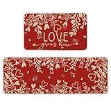 Artoid Mode Love Leaves Heart Valentine's Day Kitchen Mats Set of 2, Home Decor Low-Profile Kitchen Rugs for Floor - 17x29 and 17x47 Inch