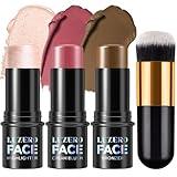 3Pcs Cream Contour Stick Makeup Kit,Shades with Highlighter Stick,Blush Stick and Bronzer Contour Stick for Sculpt the Cheeks,Long Lasting,Waterproof,Matte & Dewy Finish,LIGHT MEDIUM (#02,05,06)