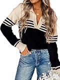 CiCiBird Women 2024 Trendy V Neck Sweater Color Block Polo Long Sleeve Shirt Fall Striped Pullover Sweaters Apricot Black M