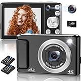 4K Digital Camera, 48MP Autofocus Cameras for Photography,Vlogging Compact Camera with Front and Rear Camera, 16X Zoom Protable Point and Shoot Cameras with 32GB SD Card,Anti-Shake,2 Batteries(Black)