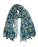 YOUR SMILE Large Boho Scarf for Women Lightweight Floral Printed Scarves Fall Winter Fashion Fringed Shawl wraps (01 Teal Leaves)