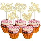 Ephlyn 30Pcs Happy Mother's Day Cupcake Toppers Glitter Love Heart Love Mom Best Mom Cupcake Picks for Happy Mother's Day Theme Women Birthday Party Cake Decorations Supplies Gold