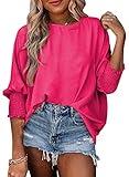 Dokotoo Womens Plus Size Scoop Neck Business Trendy Work Tops Crew Neck Spring Summer Boho Tops Loose Fashion 3/4 Puff Sleeve T Shirts Flowy Plain Blouses for Women Dressy Casual Hot Pink X-Large