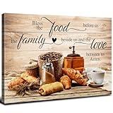 Kitchen Wall Decor Christian Wall Art Bless The Food Before Us Dining Room Decor Rustic Farmhouse Coffee Bread Canvas Prints Pictures Family Painting Artwork for Restaurant Home Decoration 12x16"