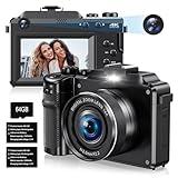 4K Digital Camera for Photography,Dual Lens 48MP Autofocus Anti-Shake Vlogging Camera for YouTube,18X Digital Zoom Compact Travel WiFi Points and Shoot Cameras with 64GB TF Card & 2 Batteries