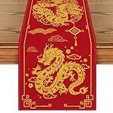 Artoid Mode Chinese Zodiac Dragon 2024 Happy New Year Table Runner, Spring Festival Winter Kitchen Dining Table Decoration for Home Party 13x72 Inch