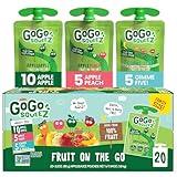 GoGo squeeZ Fruit on the Go Variety Pack, Apple, Peach & Gimme Five!, 3.2 oz (Pack of 20), Unsweetened Fruit Snacks for Kids, Gluten Free, Nut Free and Dairy Free, Recloseable Cap, BPA Free Pouches