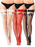 Bencailor 3 Pairs Lace Top Fishnet Stockings Mesh Thigh High Stockings Bow Suspenders Hold up Stockings for Women (Black, White, Red)…