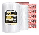 Bubble Cushioning Wrap Roll, Sumono 12 Inch x 72 Feet Total [2 Rolls of 36 Feet] Bubble Roll Perforated 12 Inch Included 20 Fragile Sticker Label