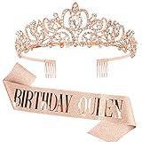 "Birthday Queen" Sash & Rhinestone Tiara Set COCIDE Rose Gold Birthday Sash and Tiara for Women Birthday Decoration Kit Rhinestone Headband for Girl Glitter Crystal Hair Accessories for Party