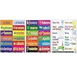 Poster Pals Spanish Educational and Language Teaching Chart Posters, Classroom Decoration Instruction, Months, Days, Seasons, Weather, FSL, 36 Laminated Card Set