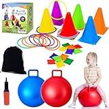 35PCS 4 in 1 Carnival Outdoor Games Combo Set for Kids, Soft Plastic Cones Bean Bags Ring Toss Game, Activity Agility Set with 2 PCS 18" Hopper Balls, Birthday Party Yard Lawn Games