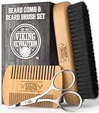 Viking Revolution Natural Boar Bristle Brush and Pear Wood Comb Set for Men - Dual Action Grooming for Beards and Mustaches with Velvet Travel Pouch