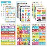 Hadley Designs 16 Educational Posters for Classroom & Kindergarten, Kindergarten Classroom Must Haves, Laminated PreK Learning Chart Materials US & World Map, ABC Alphabet, Shapes, Days of the Week